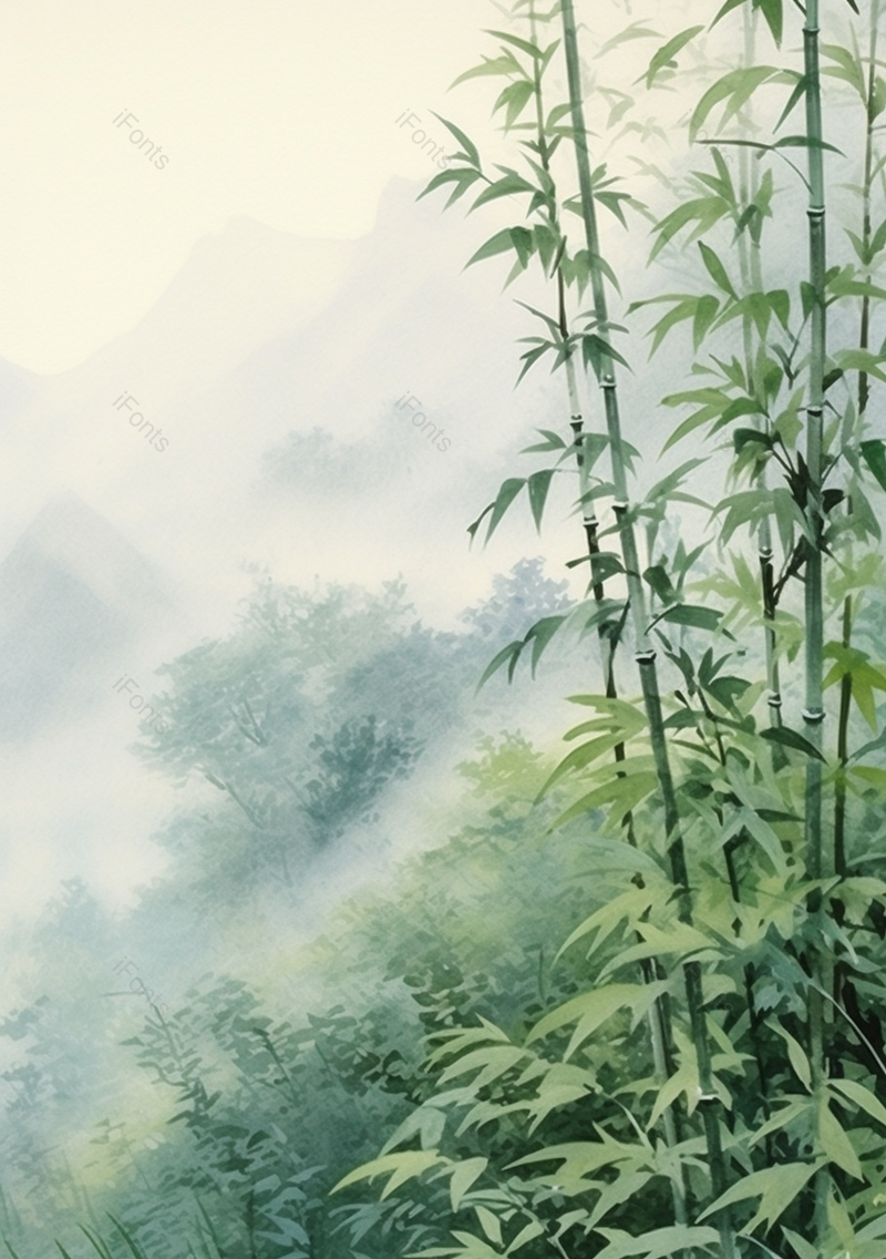 中国风水彩画彩色水彩插画森林中的竹子远处山峰雾气弥漫的背景插画,插画/手绘图,插画/手绘图库,插画/手绘图下载,插画/手绘